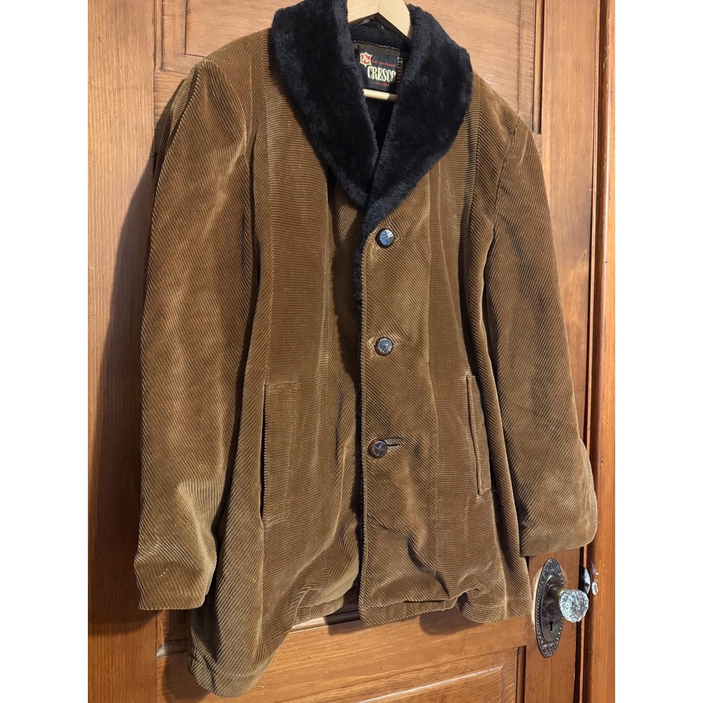 Cresco Vintage Corduroy Coat Faux Fur Collar Brown Overcoat Mens 38 Small